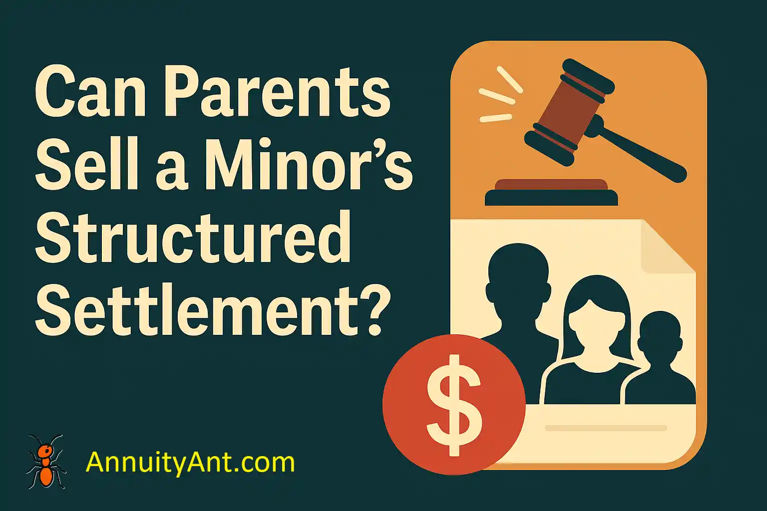 Illustration showing the question 'Can parents sell a minor’s structured settlement?' with a judge’s gavel, family silhouette, and dollar symbol representing legal and financial restrictions on minor settlements.