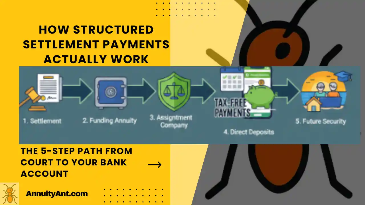 Visual 5-step flow of structured settlement payments, showing the journey from a court settlement document, into a secured annuity vault, through the assignment company shield, and finally as tax-free direct deposits leading to a stable financial future.