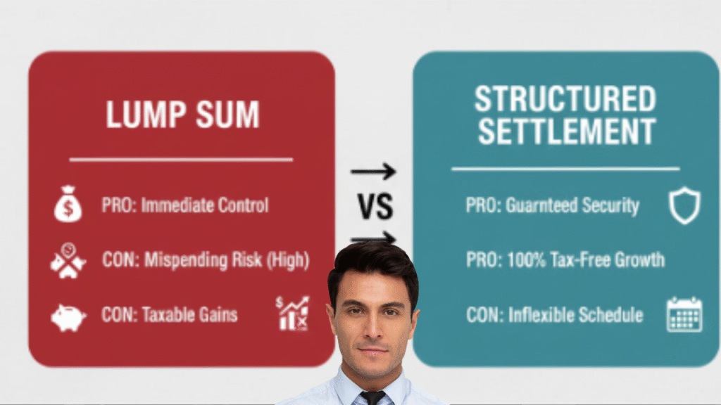 16:9 graphic comparing Structured Settlement vs Lump Sum Payouts. The chart highlights the key differences in tax status, investment risk, flexibility, and financial control for personal injury settlement claimants.