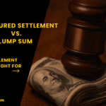 Judge’s gavel resting on a stack of hundred-dollar bills on a wooden table, symbolizing the financial decision between structured settlement and lump-sum payouts.