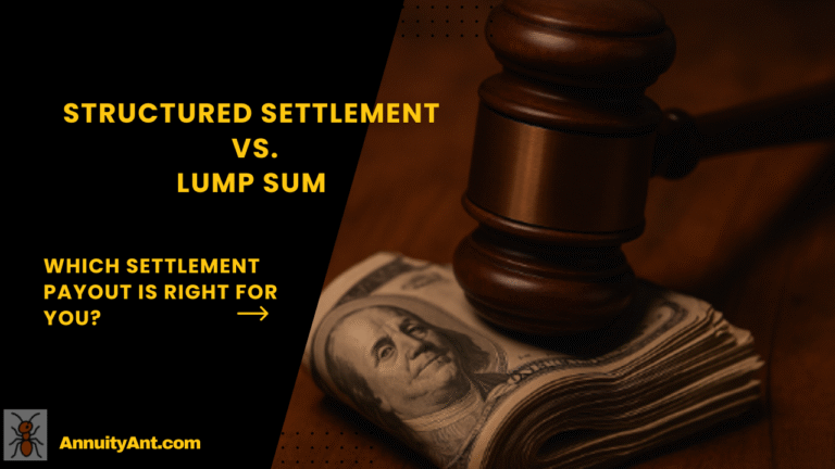Judge’s gavel resting on a stack of hundred-dollar bills on a wooden table, symbolizing the financial decision between structured settlement and lump-sum payouts.