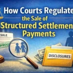Illustration showing court approval, legal safeguards, and disclosures governing the sale of structured settlement payments under Structured Settlement Protection Acts