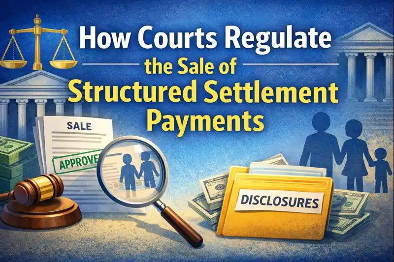 Illustration showing court approval, legal safeguards, and disclosures governing the sale of structured settlement payments under Structured Settlement Protection Acts