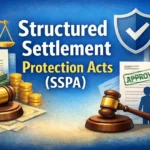 Illustration showing courts regulating the sale of structured settlement payments under Structured Settlement Protection Acts, with legal approval and protection for families